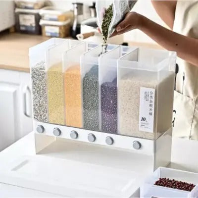 6-in-1 Wall Mounted Grain & Rice Dispenser – 10kg Multi-Grid Airtight Food Storage Container with Press Button for Kitchen Organization