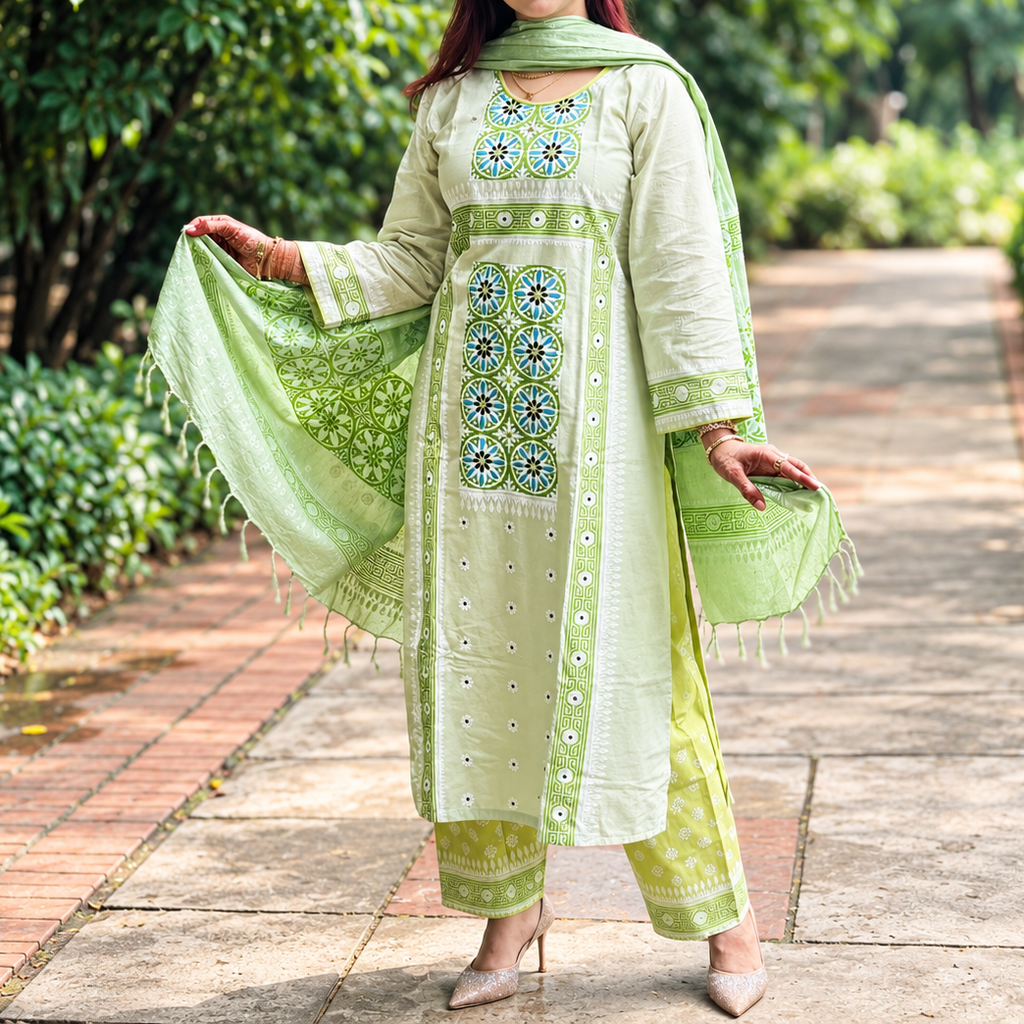 Premium Aarong Cotton Readymade Three-Piece Collection with Sequins and Mirror Work
