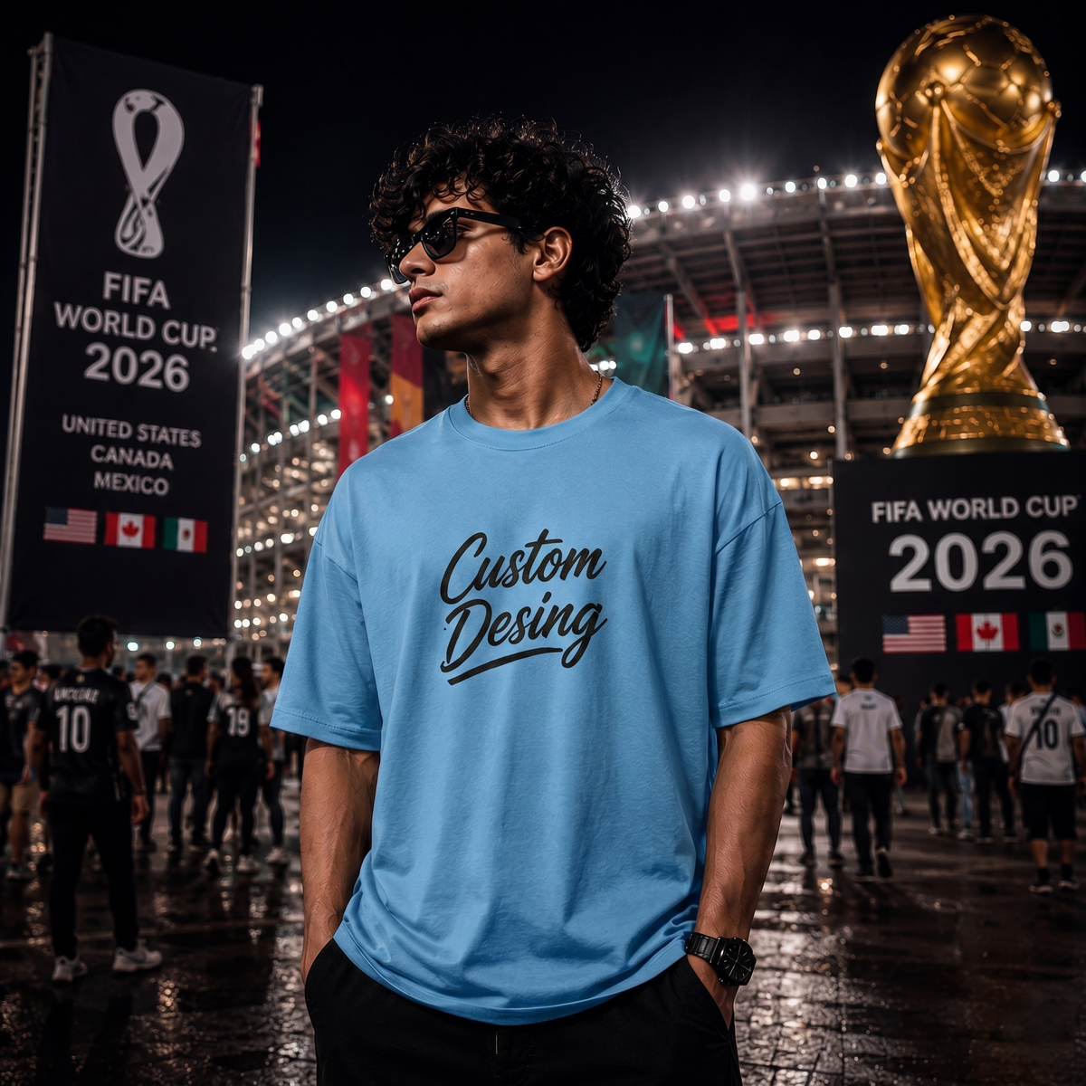 FIFA World Cup Special: 100% Cotton Custom Drop-Shoulder T-Shirt (Customize With Your Own Design)- Sky Blue
