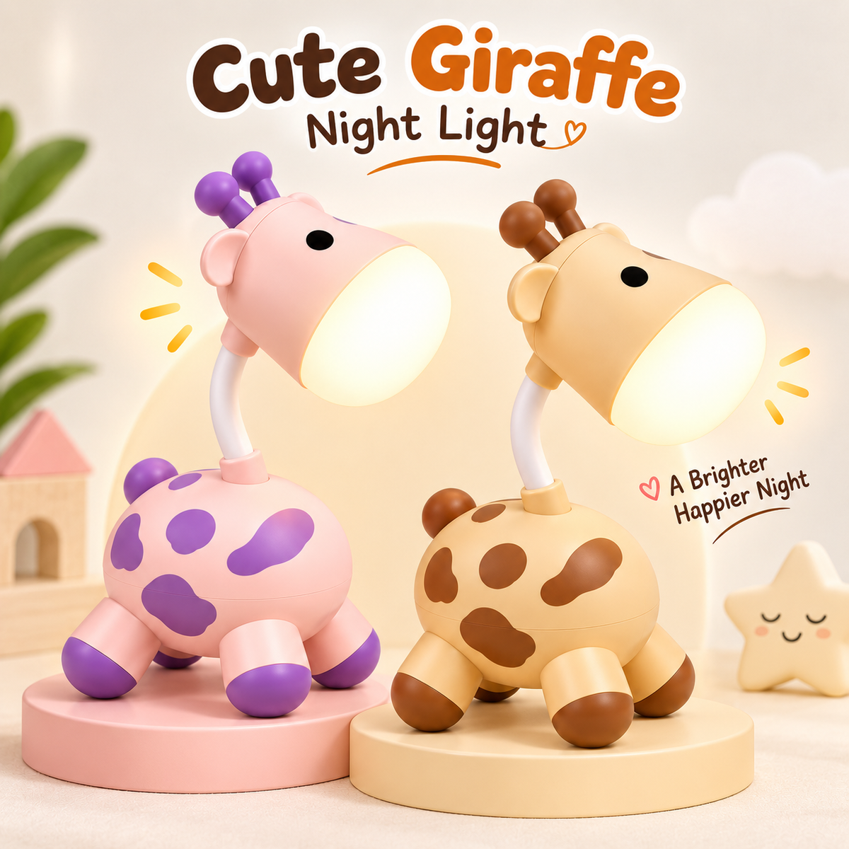 Cute Giraffe Night Light & Desk Lamp – Flexible Gooseneck Rechargeable LED Reading Lamp with Micro-USB Charging for Kids Room & Bedside Decor