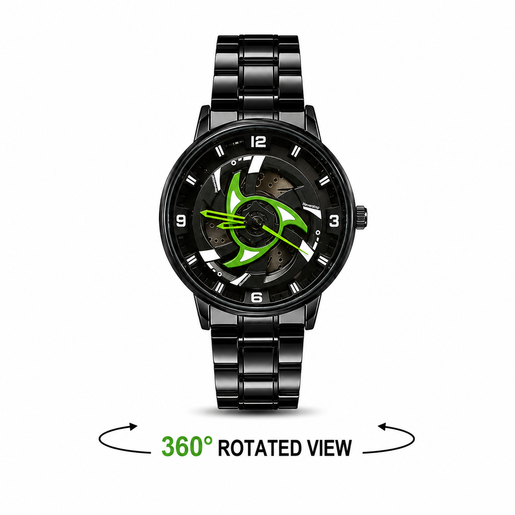360° Rotating Car Wheel Rim Quartz Watch – Matte Black Metal Sports Wristwatch, 3D Alloy Rim & Brake Disc Dial, Stainless Steel Strap & Scratch-Resistant Glass for Men