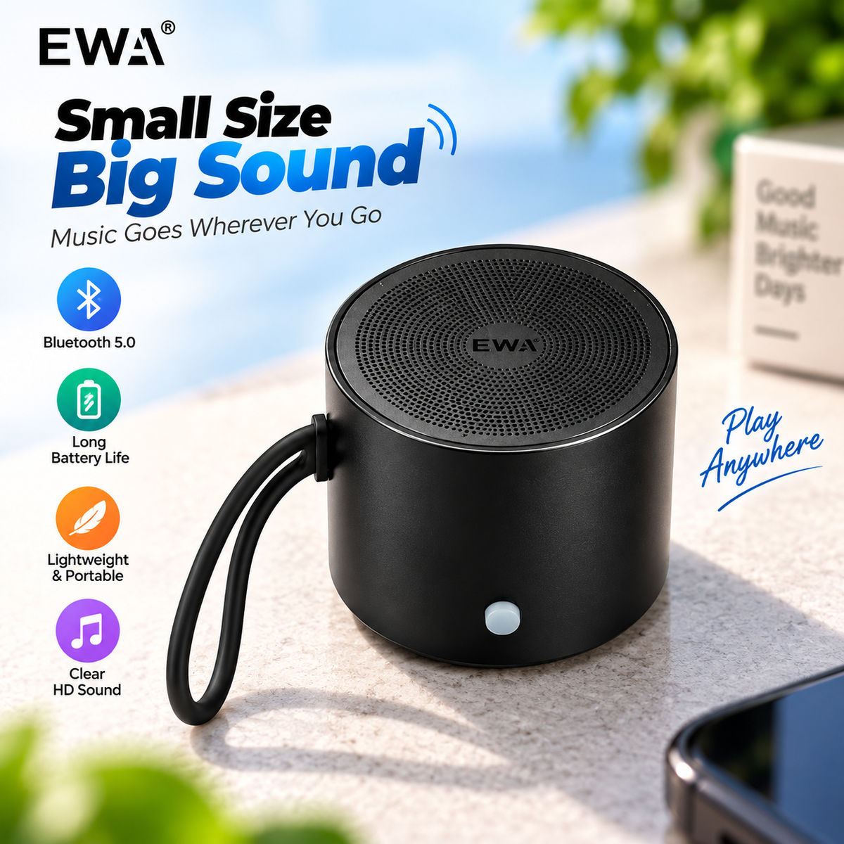 Portable Waterproof Bluetooth Speaker – 3W High-Power 360-Degree Surround Sound, Bluetooth 5.0, Built-in Mic & IPX5 Water-Resistant Design for Outdoor & Travel