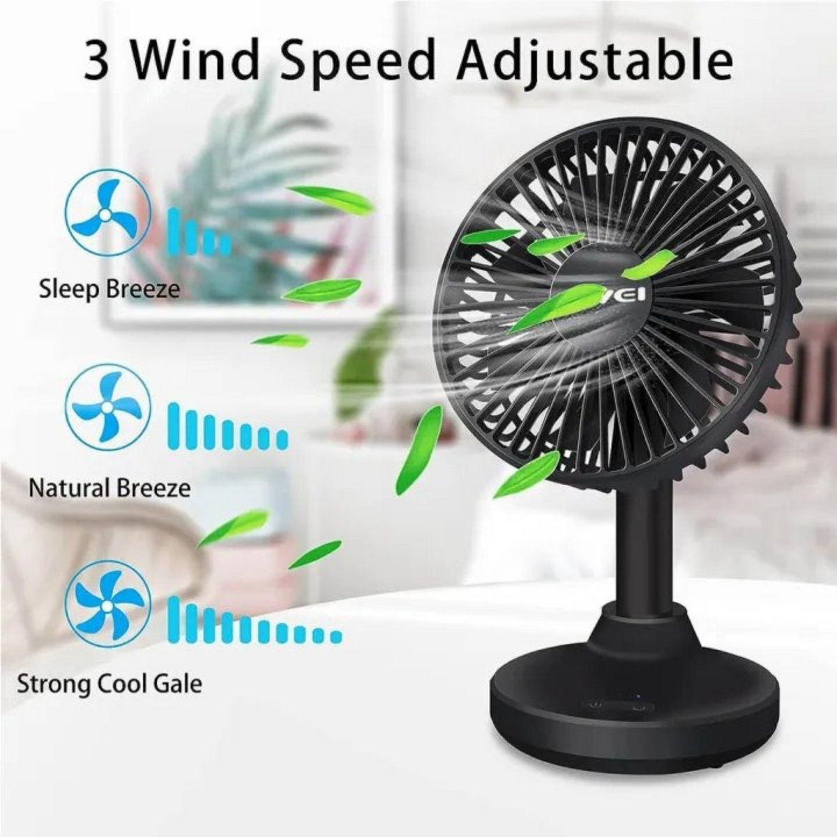 Awei F29 Compact Rechargeable Desktop Fan – 3600mAh Battery, 5.5-Inch 7-Blade Strong Airflow, 90° Auto Oscillation, Silent Brushless Motor & Type-C Charging
