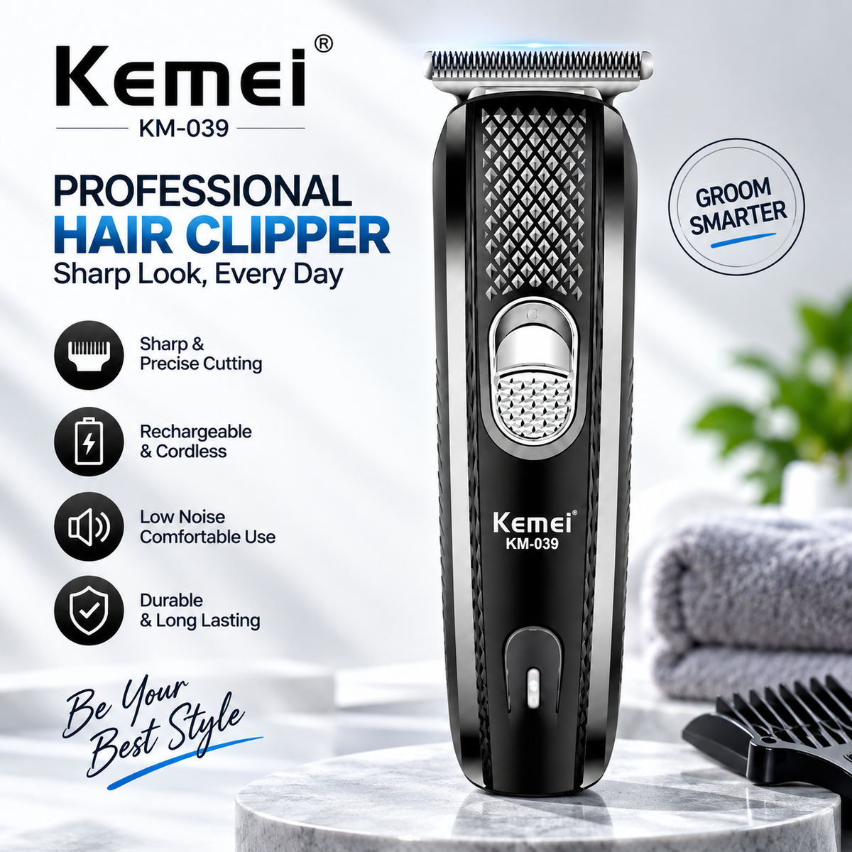 Kemei KM-039 Professional Hair Clipper & Beard Trimmer – Cordless USB Rechargeable Grooming Kit with Stainless Steel Blades, 130-Min Run Time & 3 Guide Combs