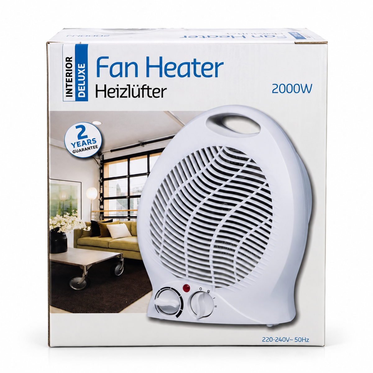 Interior Deluxe 2000W Electric Fan Heater – Fast Heating Portable Room Heater with Adjustable Temperature Control, 220-240V & 2-Year Warranty