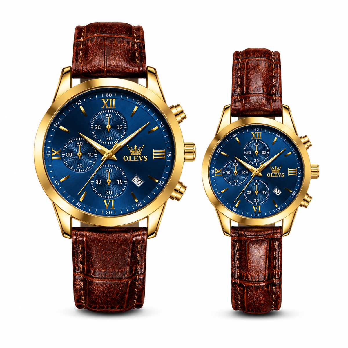 OLEVS Premium Luxury Leather Strap Couple Watch Set – Golden Case, Deep Blue Roman Numeral Dial, Chronograph, Date Display & Crocodile Texture Brown Leather Band (Perfect Anniversary & Wedding Gift)