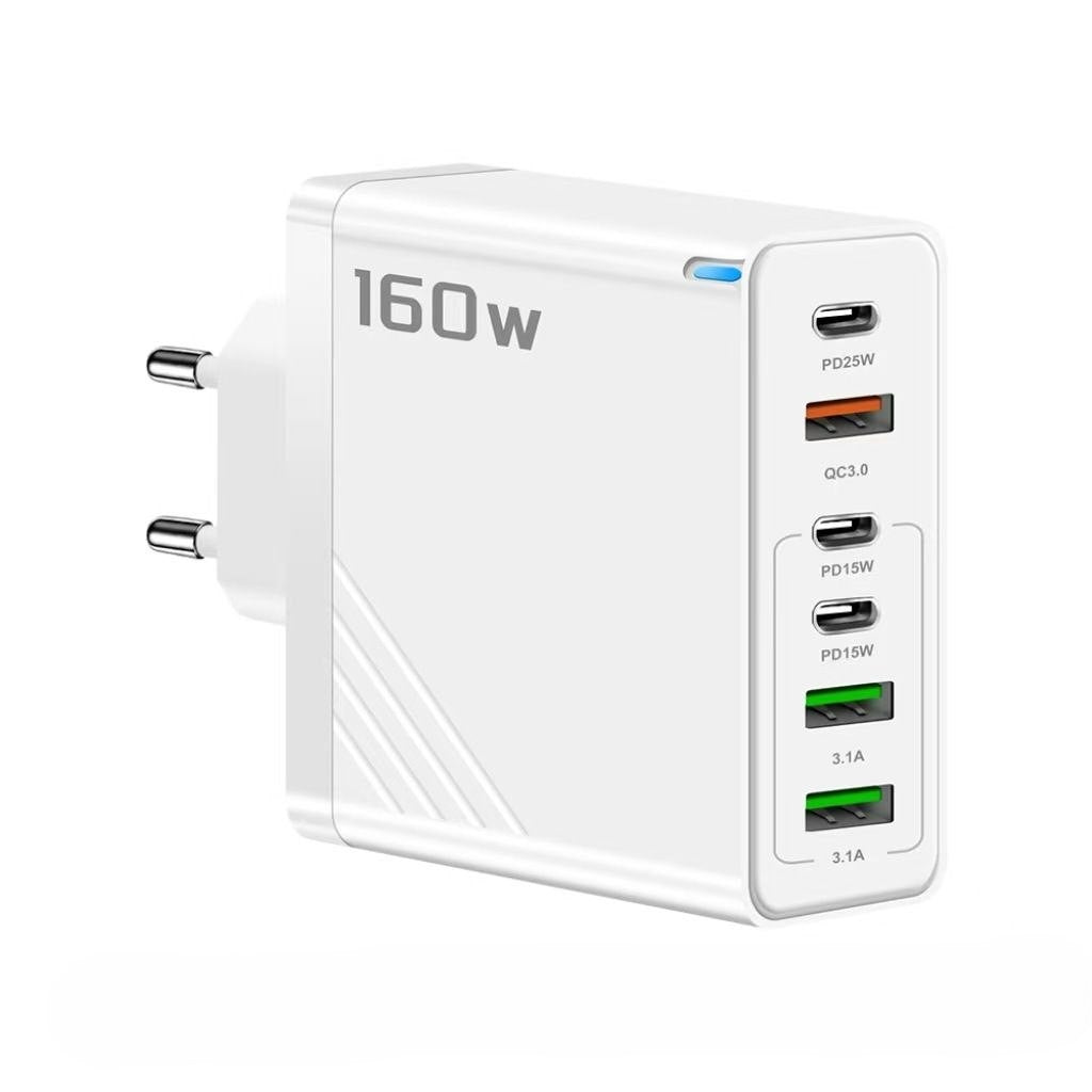 160W Super Fast Multi-Adapter: Ultimate GaN Charger with 6 Ports & Lightning Cable