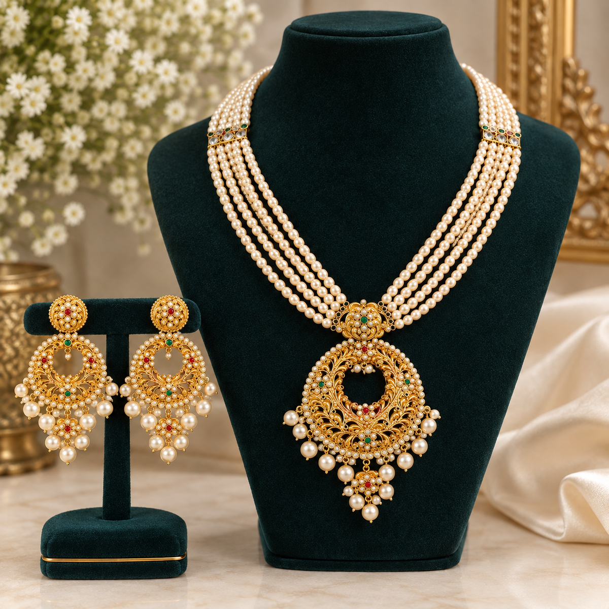 Traditional Gold-Plated Hyderabadi Pearl Sitahar and Jhumka Jewellery Set