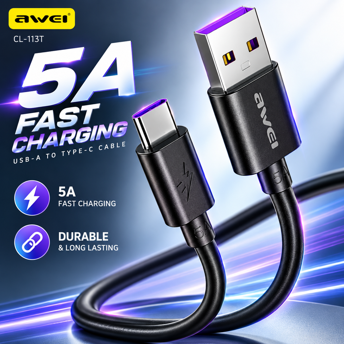 Awei CL-113T USB-A to Type-C 5A Fast Charging Cable – 30CM Short Portable Data & Power Cable with Huawei SuperCharge Support for Android Devices