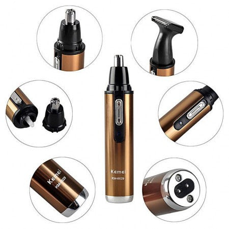 Kemei KM-6629 2-in-1 Rechargeable Nose and Beard Hair Trimmer – Painless Stainless Steel Blade, Compact Portable Cordless Grooming Kit for Men