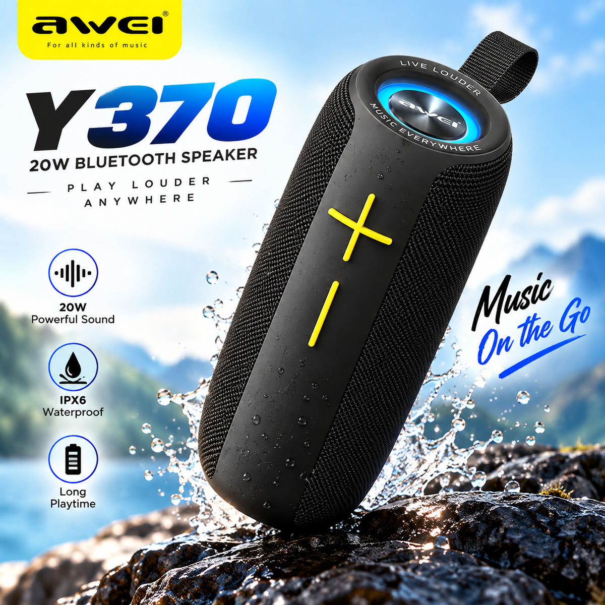 Awei Y370 Portable Wireless Bluetooth Speaker – 20W Dual Drivers, Bluetooth 5.0, IPX6 Waterproof, 3600mAh Battery, Sideband LED Lights & FM/USB Support