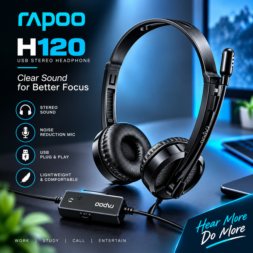 Rapoo H120 USB Stereo Wired Headset (Black) – High-Quality Stereo Sound, Flexible Rotary Microphone, Lightweight Ergonomic Design & 1-Year Warranty
