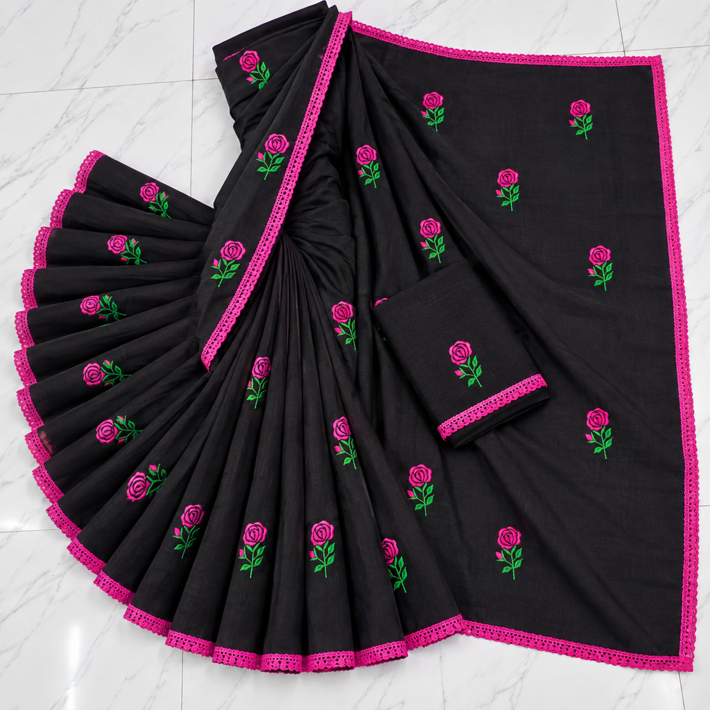 Exclusive glamorous black cotton saree featuring rose embroidery and a lace border.