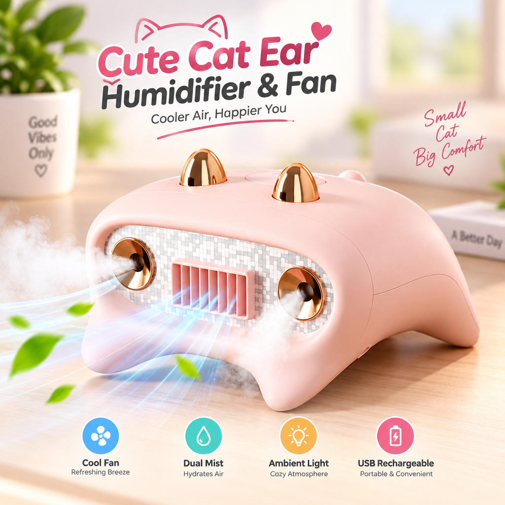 Cute Cat Ear Dual Spray Humidifier & Desktop Fan – Portable USB Rechargeable Air Cooling Mist Diffuser with Soft Ambient Light for Home & Office