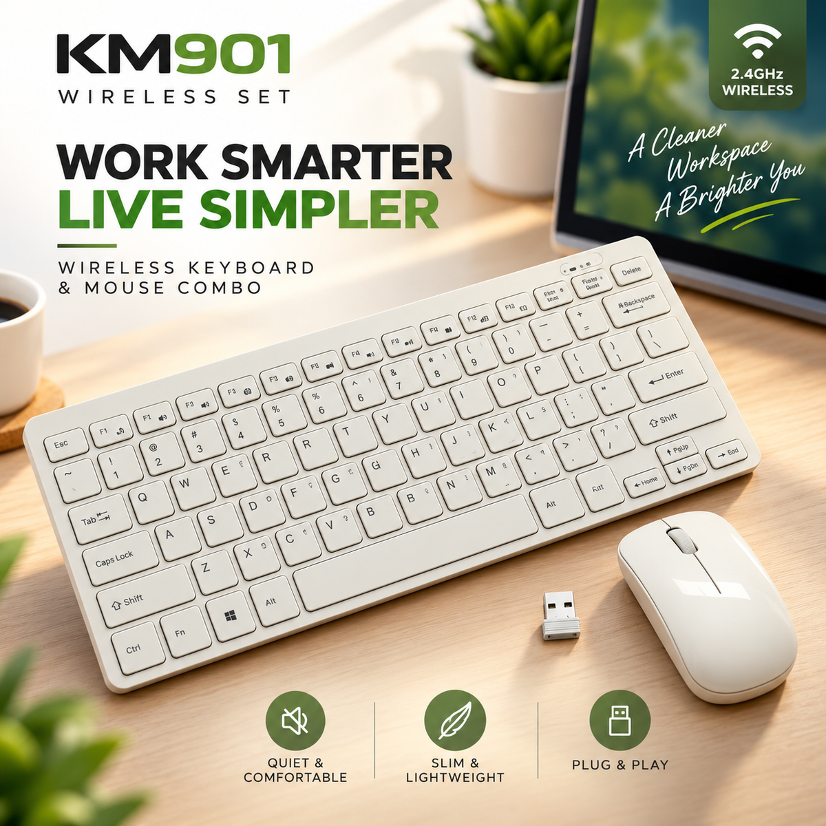 Wireless Keyboard and Mouse Set KM901 (New) – 2.4GHz Reliable Wireless Connectivity, Ergonomic Design, Plug-and-Play Combo for Home & Office Productivity