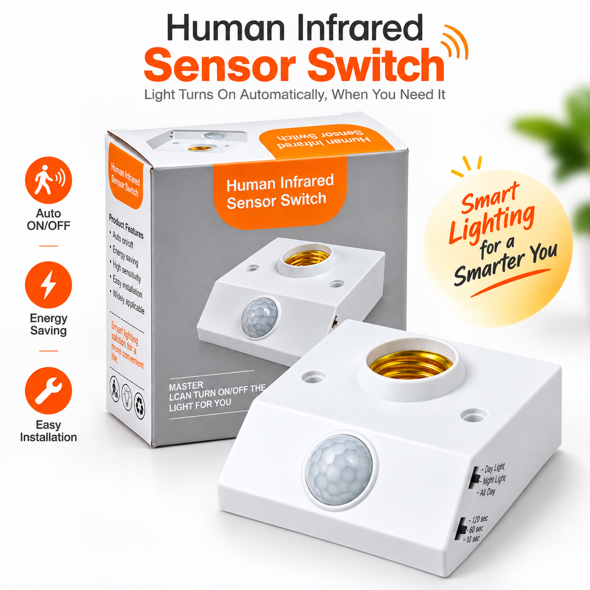 Human Infrared PIR Motion Sensor Bulb Holder – Automatic Smart Light Switch with Adjustable Time-Delay & Lux Control for Energy Saving