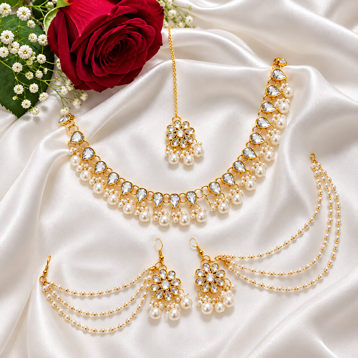 Premium Gold-Plated Kundan & Pearl Bridal Jewelry Set with Ear Chains (Kan-Tan)