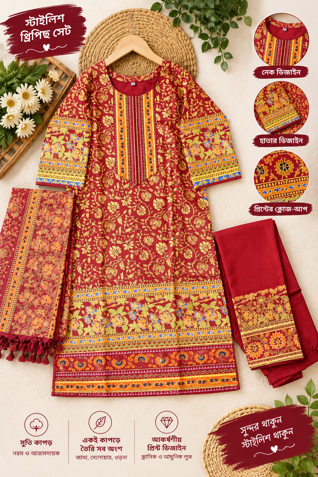 Premium Cotton Block and Digital Print Three-Piece Set