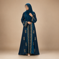Premium Zafran Felix Luxury Abaya with Embroidery & Stone Work | Matching Hijab & Adjustable Inner | Modest Fashion Teal Blue