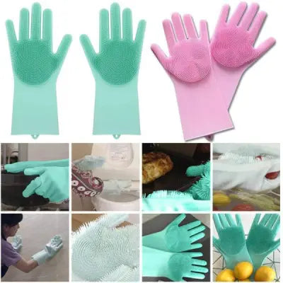 2 Pcs Magic Silicone Dish Washing Gloves – 2-in-1 Reusable Waterproof Cleaning Gloves with Built-in Scrubbers for Kitchen, Dishwashing & Heat Resistant up to 440°F (Multicolor)