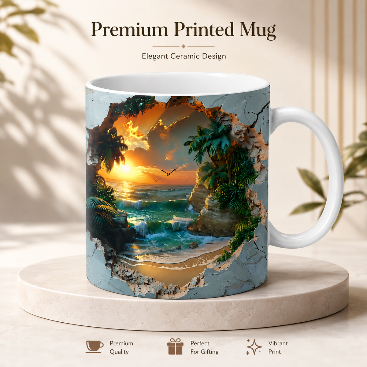 Tropical Beach Sunset Ceramic Mug – Premium Wraparound Design Coffee Mug with Sunset & Palm Trees, Microwave & Dishwasher Safe