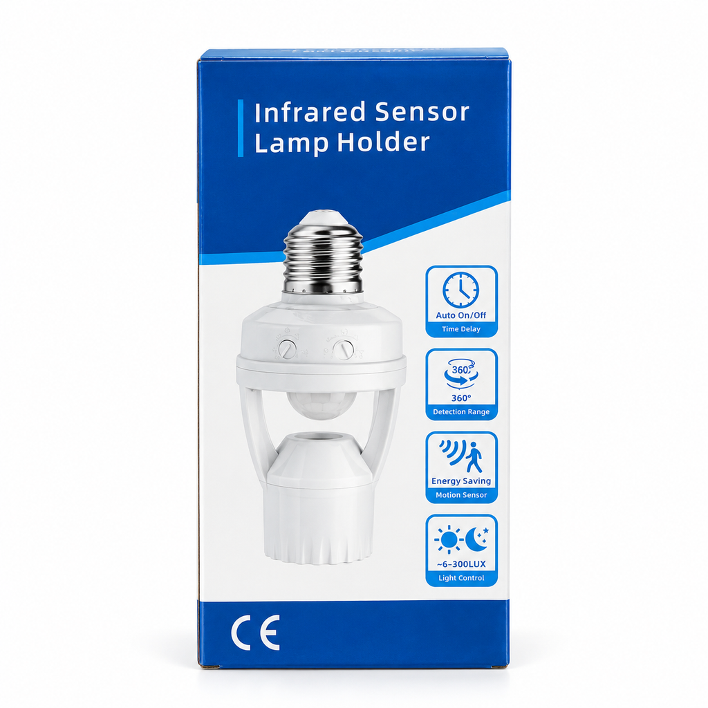 Intelligent Motion Sensor Lamp Holder – E27 Radar & Infrared Automatic Light Socket with 360° Detection, Adjustable Time-Delay & 200W Load Capacity
