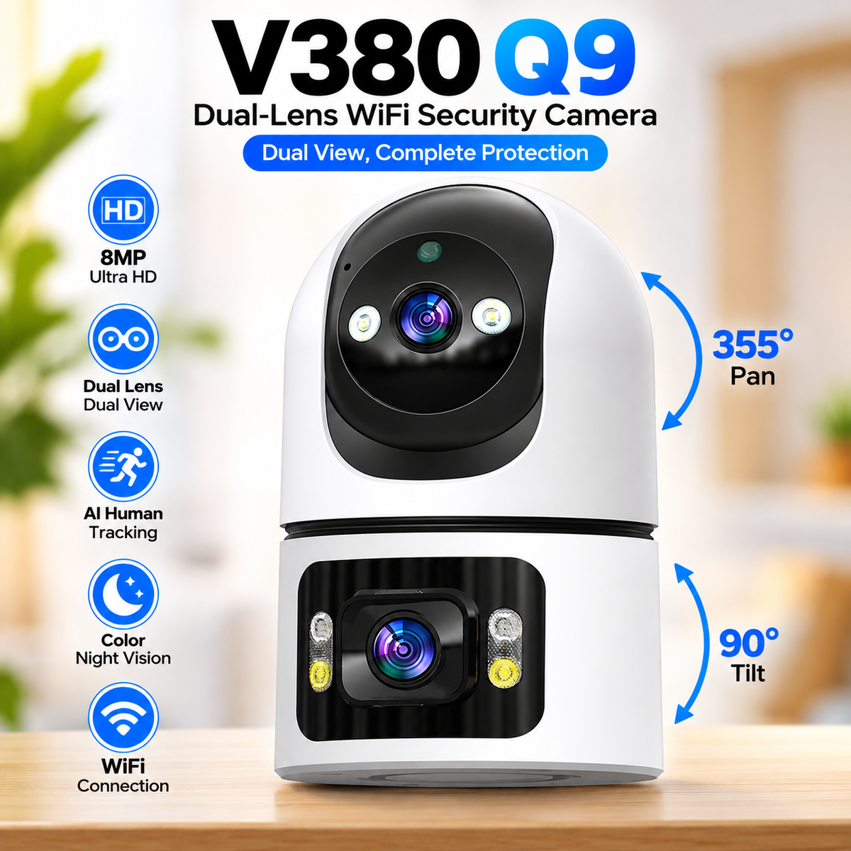 Smart V380 Q9 Dual-Lens & Dual-Screen 8MP WiFi Home Security Camera – 1080P Wireless Indoor CCTV with PTZ, AI Human Tracking, Color Night Vision & Yoosee App Support