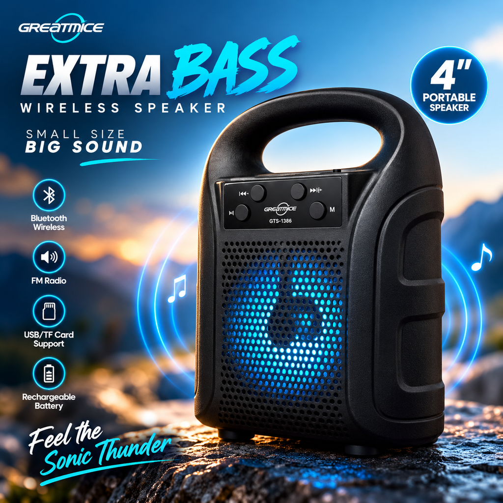 GREATNICE GTS-1386 Portable Wireless Bluetooth Speaker – 4-Inch Driver, LED Lighting Effects, FM Radio, USB/TF Card Support, 500mAh Battery & 10M Range
