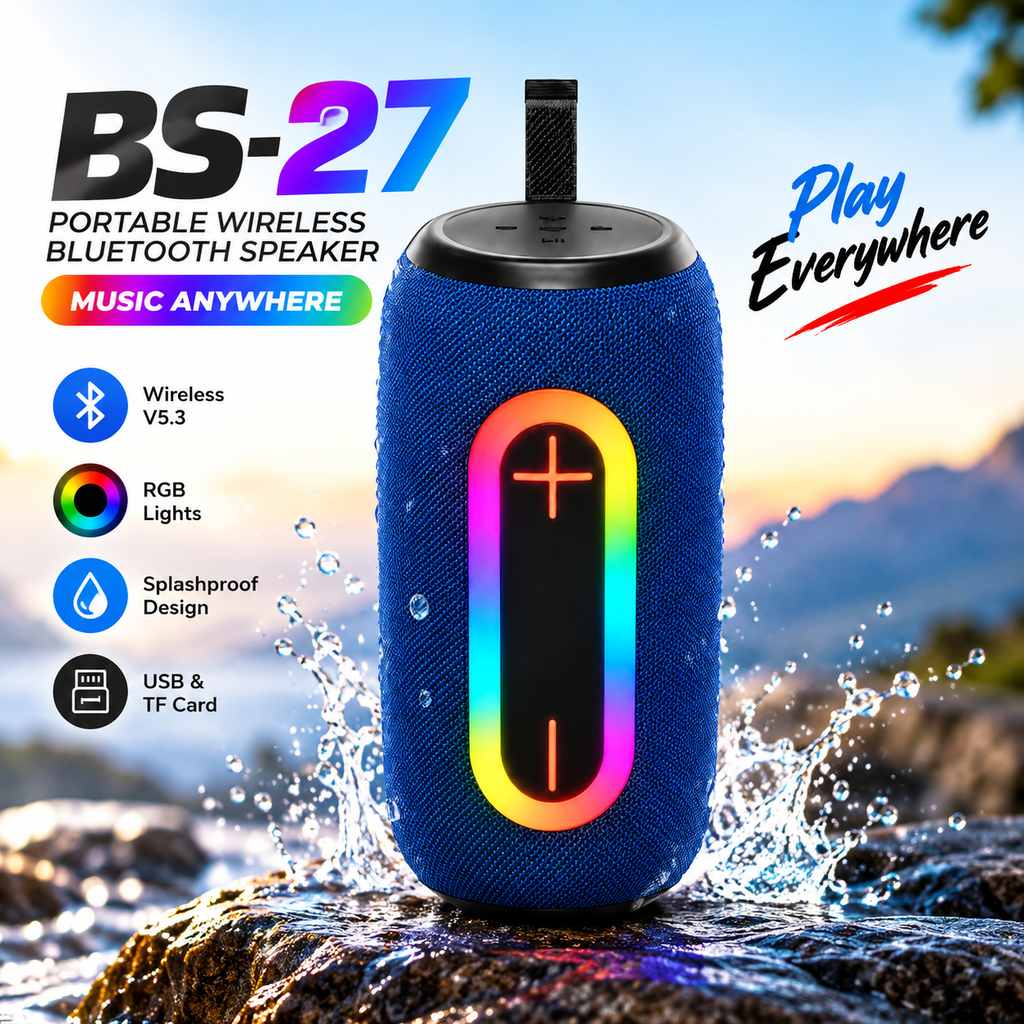 BS-27 RGB Wireless Bluetooth Speaker – Portable Outdoor Speaker with Dynamic LED Lights, Bluetooth Connectivity, USB/TF Card Support & Splashproof Design