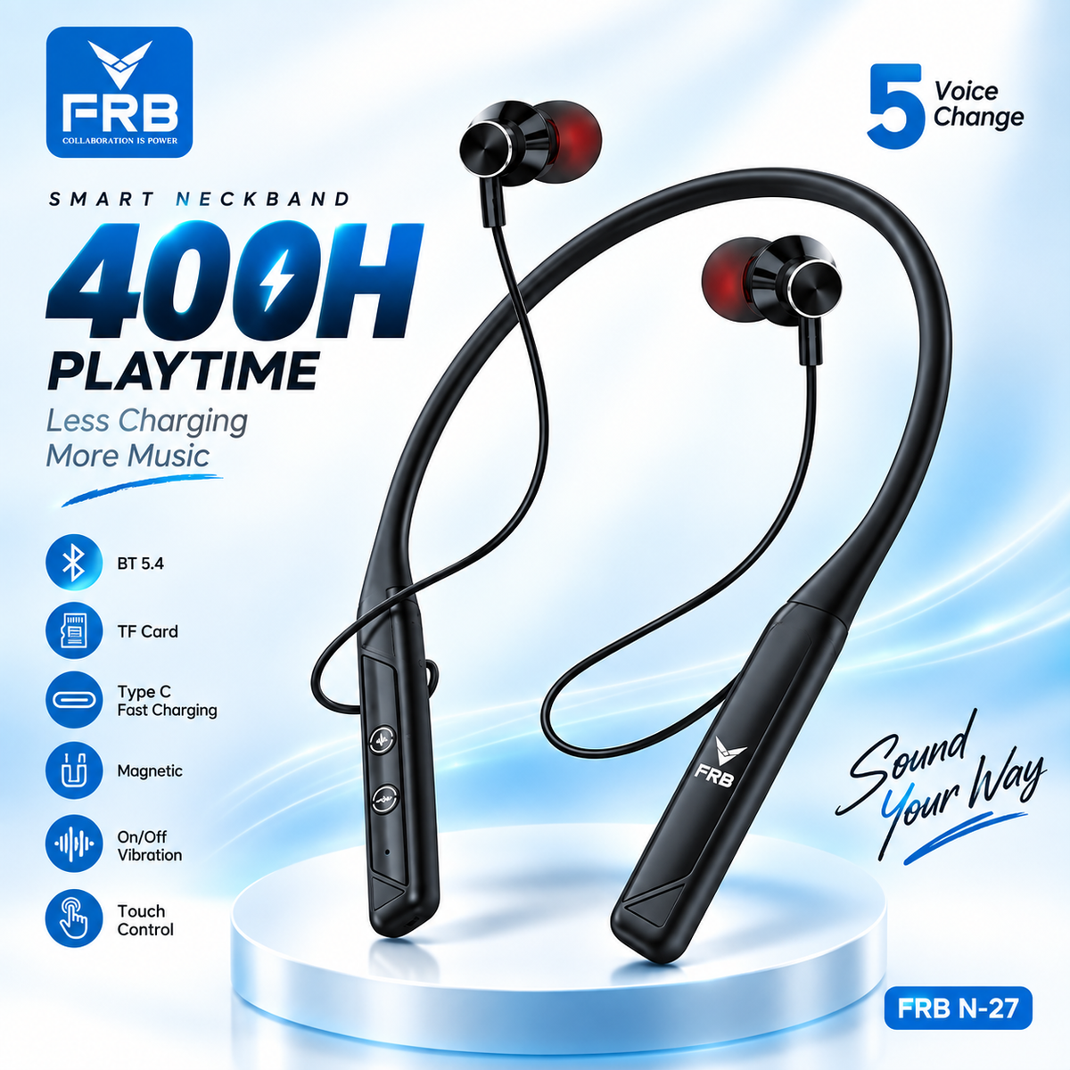 FRB N-27 Smart Wireless Neckband Earphone – Bluetooth 5.4 In-Ear Headset with 400H Battery Life, TF Card Slot, Type-C Fast Charging, Touch Control & Voice Change Feature