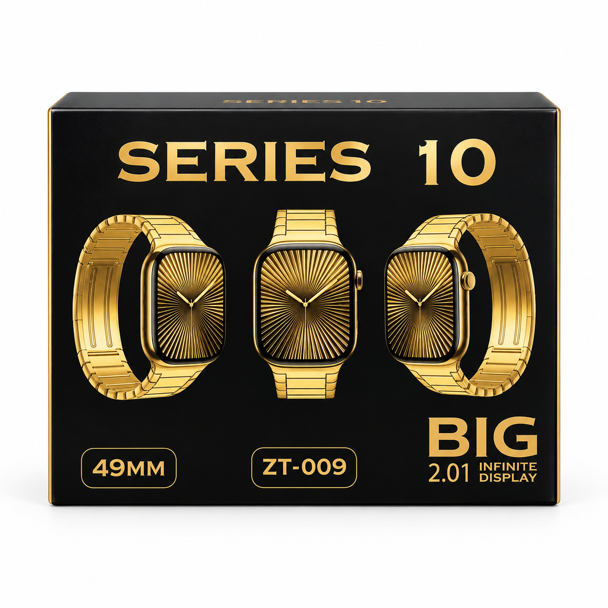 ZT-009 Series 10 Golden Edition Smartwatch (7-in-1 Combo) – 49mm Bold Case, 2.01" Infinite Display, Bluetooth Calling, 7 Interchangeable Straps (Metal Chain & Silicon) & Wireless Charging