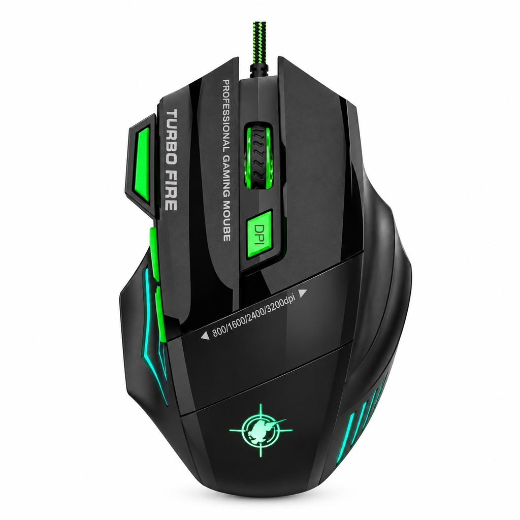 MS7 Professional Wired Gaming Mouse – Up to 3200 Adjustable DPI, Dedicated Turbo Fire Key, 7 Programmable Buttons, Braided Cable, Multi-Color RGB Breathing Lighting & Ergonomic Design
