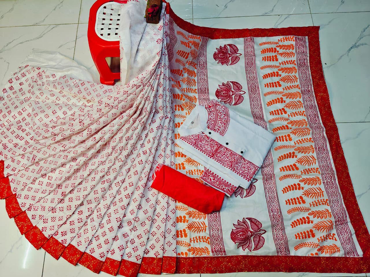 Special Puja Collection: Traditional Red and White Block-Print Couple Set