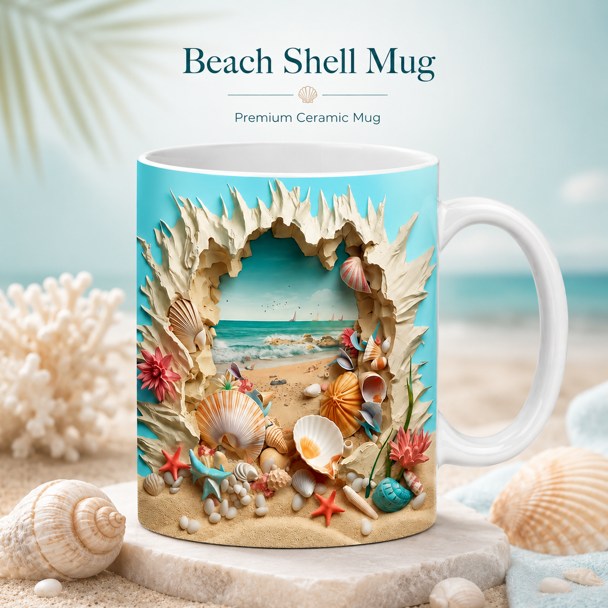 Beach Shell Mug – Premium Ceramic Coffee Mug with Wraparound Ocean Shore Design, Microwave & Dishwasher Safe