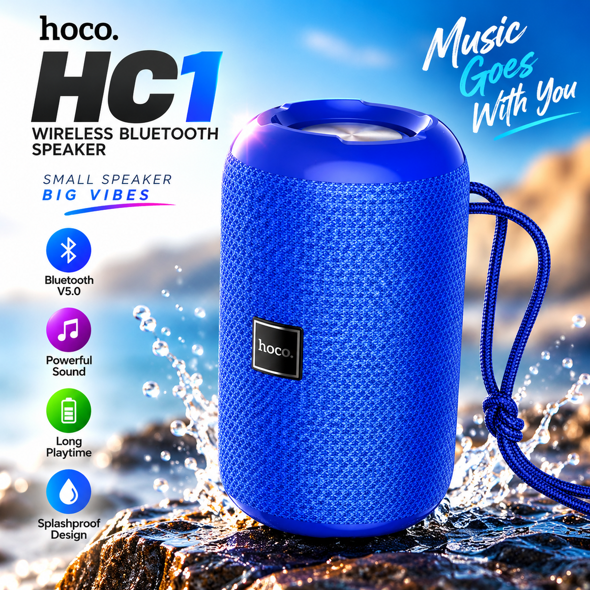 Hoco HC1 True Wireless Waterproof Bluetooth Speaker – IPX7 Waterproof, Bluetooth 5.0, 1200mAh Battery, 3-5 Hours Playtime & Portable Outdoor Speaker