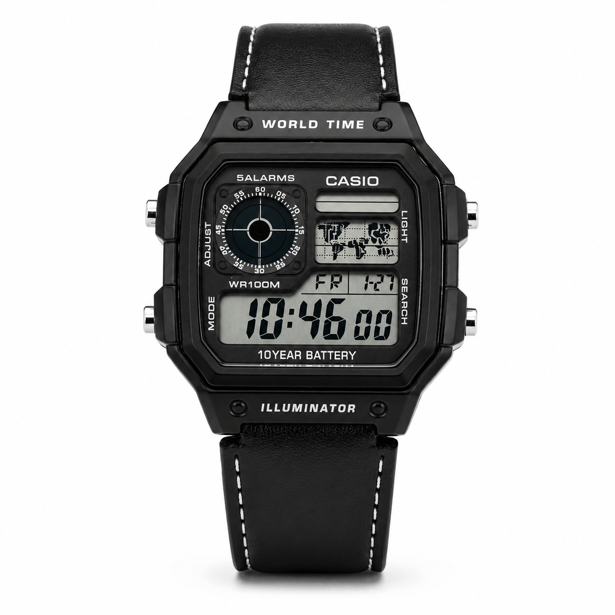 Casio Illuminator Vintage Digital Leather Strap Watch – World Map Display, Long Battery Life, Water Resistant, Formal & Casual Wristwatch with Premium Gift Box & Extra Batteries