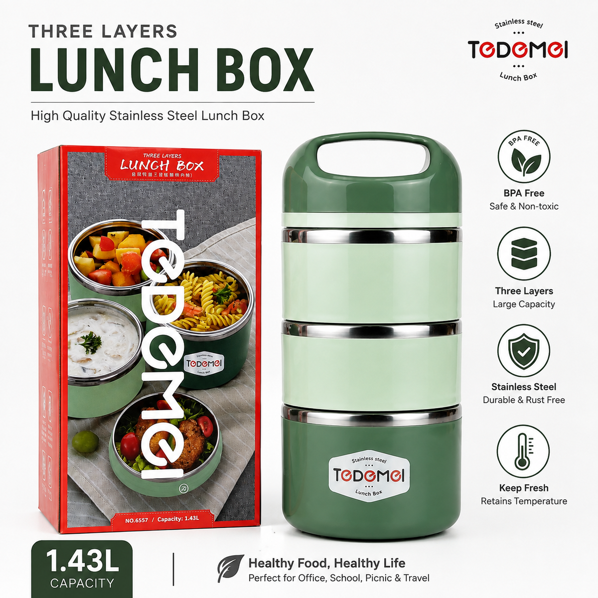 3.5 Layer 1.43L Stainless Steel Lunch Box – Leak-Proof, BPA-Free Airtight Tiffin Box with Handle for Office, School & Travel