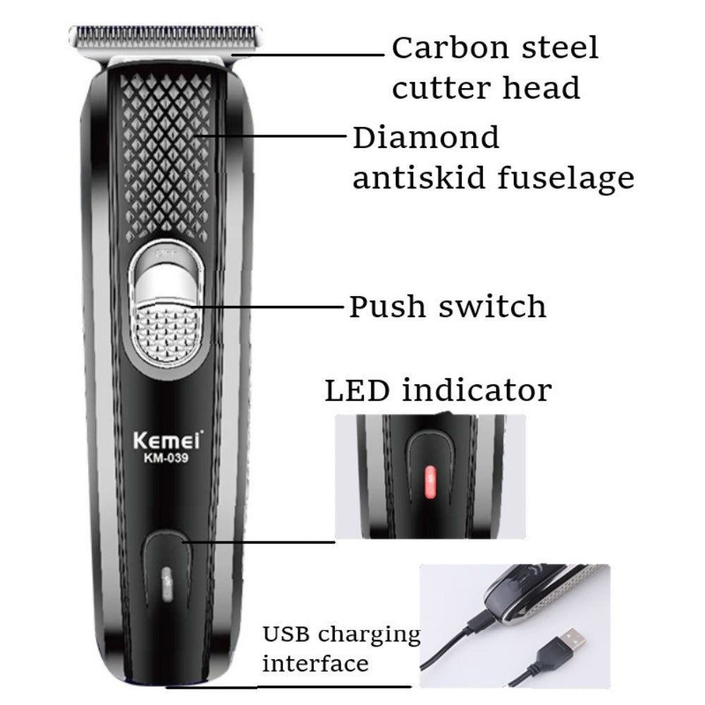 Kemei KM-039 Professional Hair Clipper & Beard Trimmer – Cordless USB Rechargeable Grooming Kit with Stainless Steel Blades, 130-Min Run Time & 3 Guide Combs