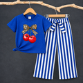 Preeti Royal Blue Girls' Two-Piece Set: Cherry Print with Leopard Bow & Striped Wide-Leg Pants
