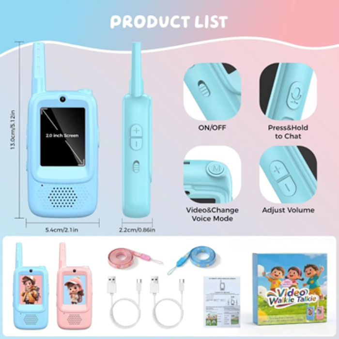 Kids Video Walkie Talkie 2-Way Intercom Set – 2.0" Screen, Built-in Camera, No SIM/Internet Required, Type-C Rechargeable Wireless Toy for Children