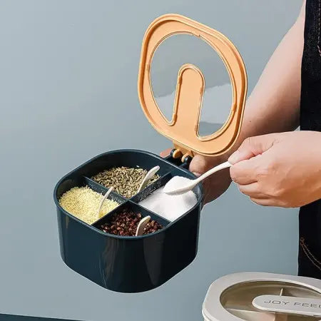 Multi-Function 4-Grid Spice Box & Seasoning Container – Clear Dust-Proof Kitchen Condiment Organizer with Spoons for Salt, Sugar, Pepper & Herbs