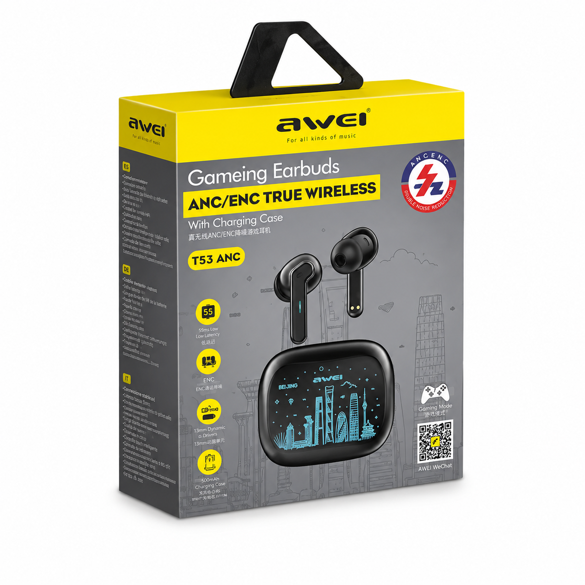 Awei T53 ANC True Wireless Earbuds – Bluetooth 5.3 TWS with -35dB Active Noise Cancellation, 10mm Drivers, RGB Breathing Light & 30H Battery