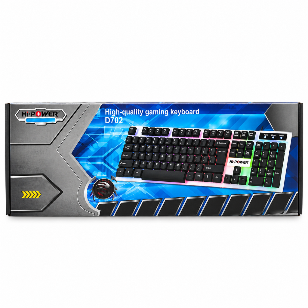 Hi-Power D702 RGB Gaming Keyboard with Bangla Layout – Full-Size 104-Key QWERTY Standard USB Wired Keyboard, Dual-Tone Black & White Keycaps, Multi-Color Backlighting & Plug-and-Play