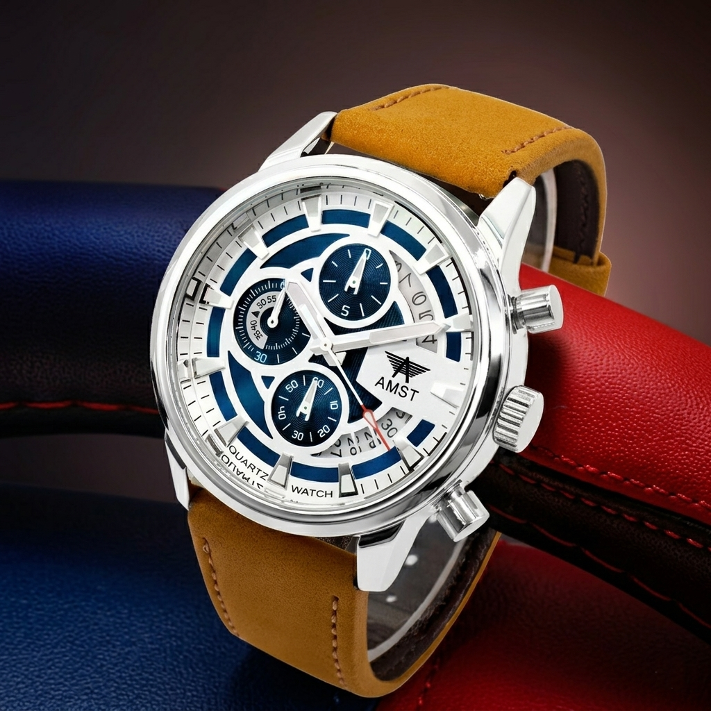 AMST 3068 Stylish Men's Luxury Chronograph Watch – White & Blue Dial, Silver Stainless Steel Case, Premium Tan Leather Strap, Date Display & Quartz Movement Sport Wristwatch