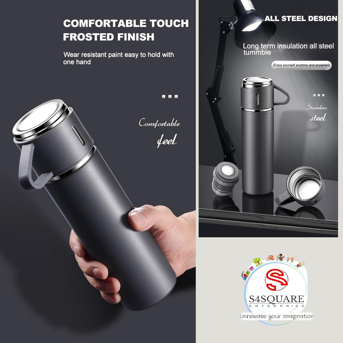 3-Piece Stainless Steel Vacuum Flask Set – 500ml Double-Wall Insulated Thermos Bottle with Cups for Hot & Cold Drinks, Travel & Gifting