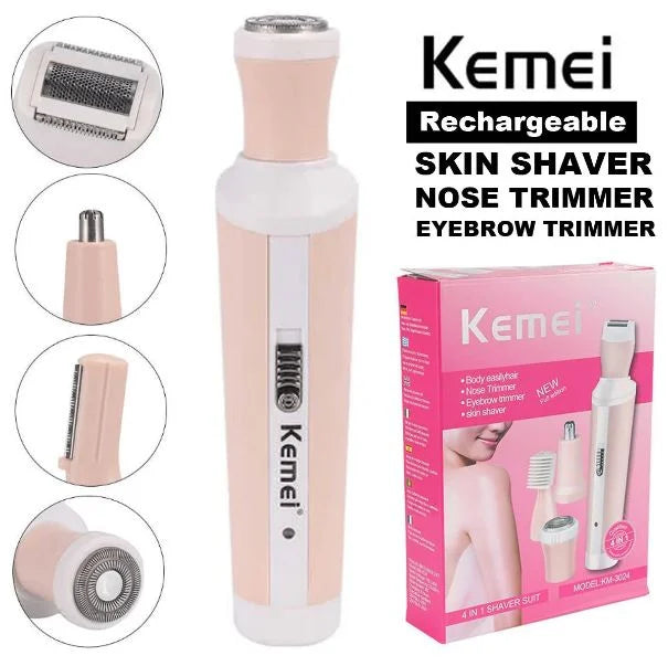 Kemei KM-3024 4-in-1 Rechargeable Women’s Grooming Kit – Painless Body Shaver, Nose, Eyebrow & Facial Hair Trimmer with Cordless Design