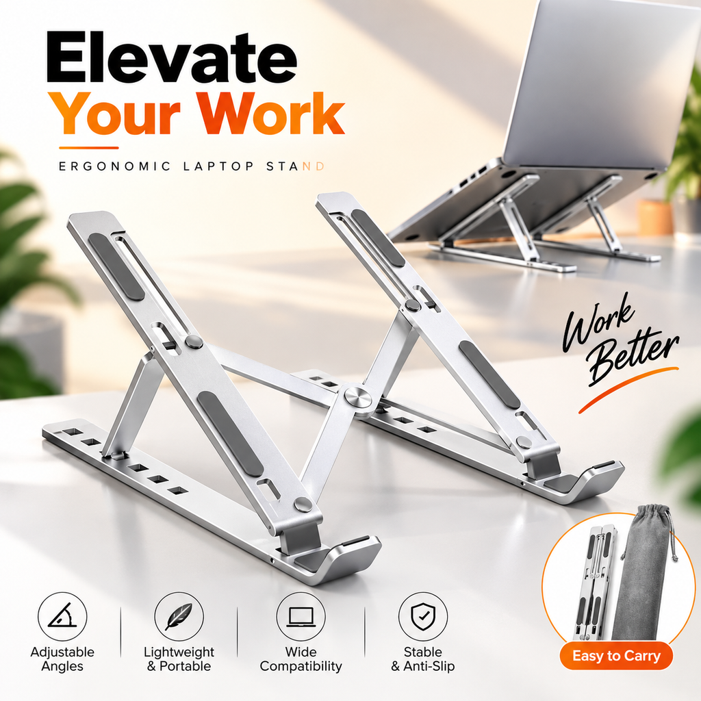 Aluminum Alloy Adjustable Foldable Laptop Stand – Portable Ergonomic Notebook Riser, 7-Level Height Adjustment, Heavy Duty 20kg Load Capacity & Universal Compatibility for All Laptops