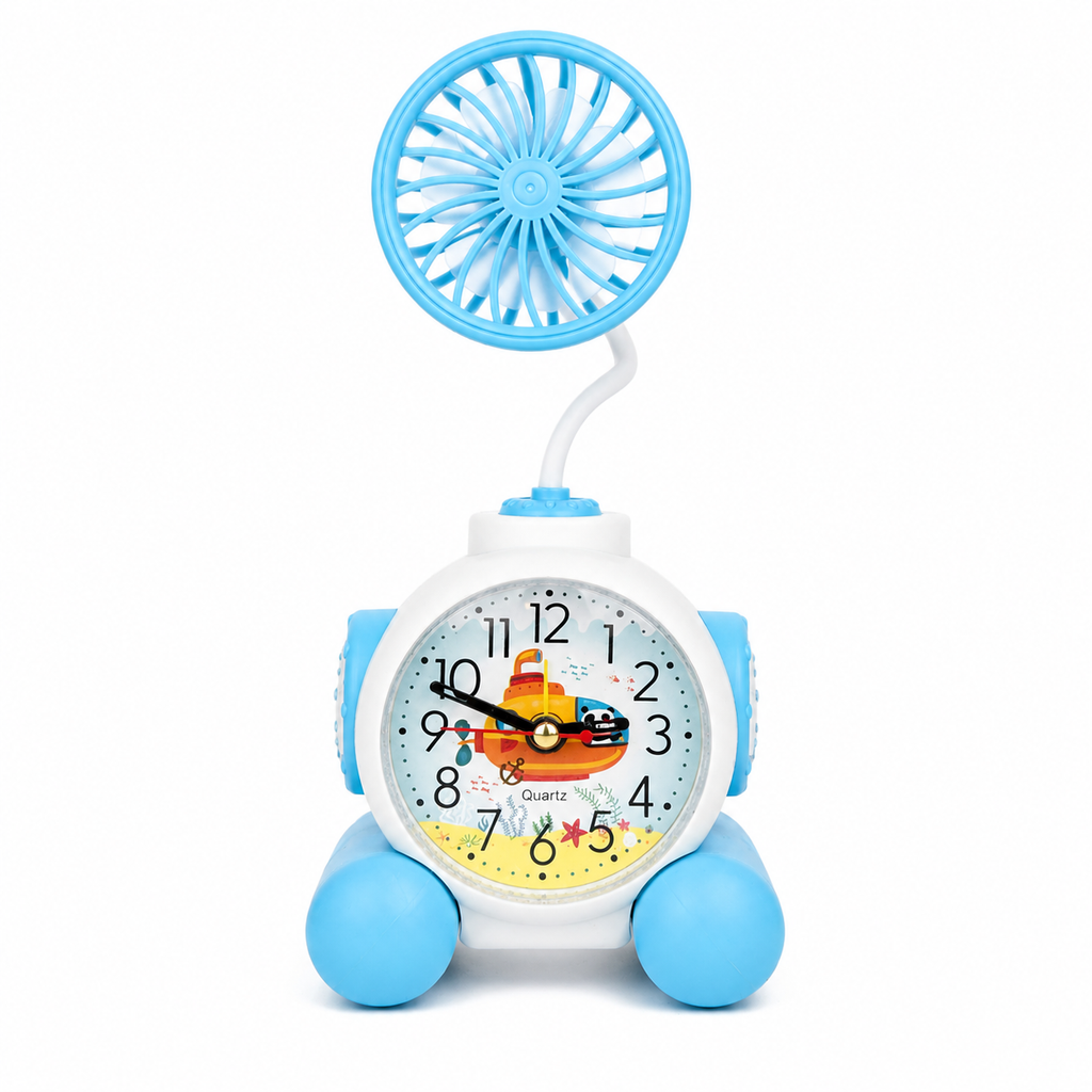 2-in-1 Cute Cartoon/Astronaut Alarm Clock with USB Rechargeable Mini Fan | Silent Desk Fan & Clock Combo for Kids Study Table & Office Decor