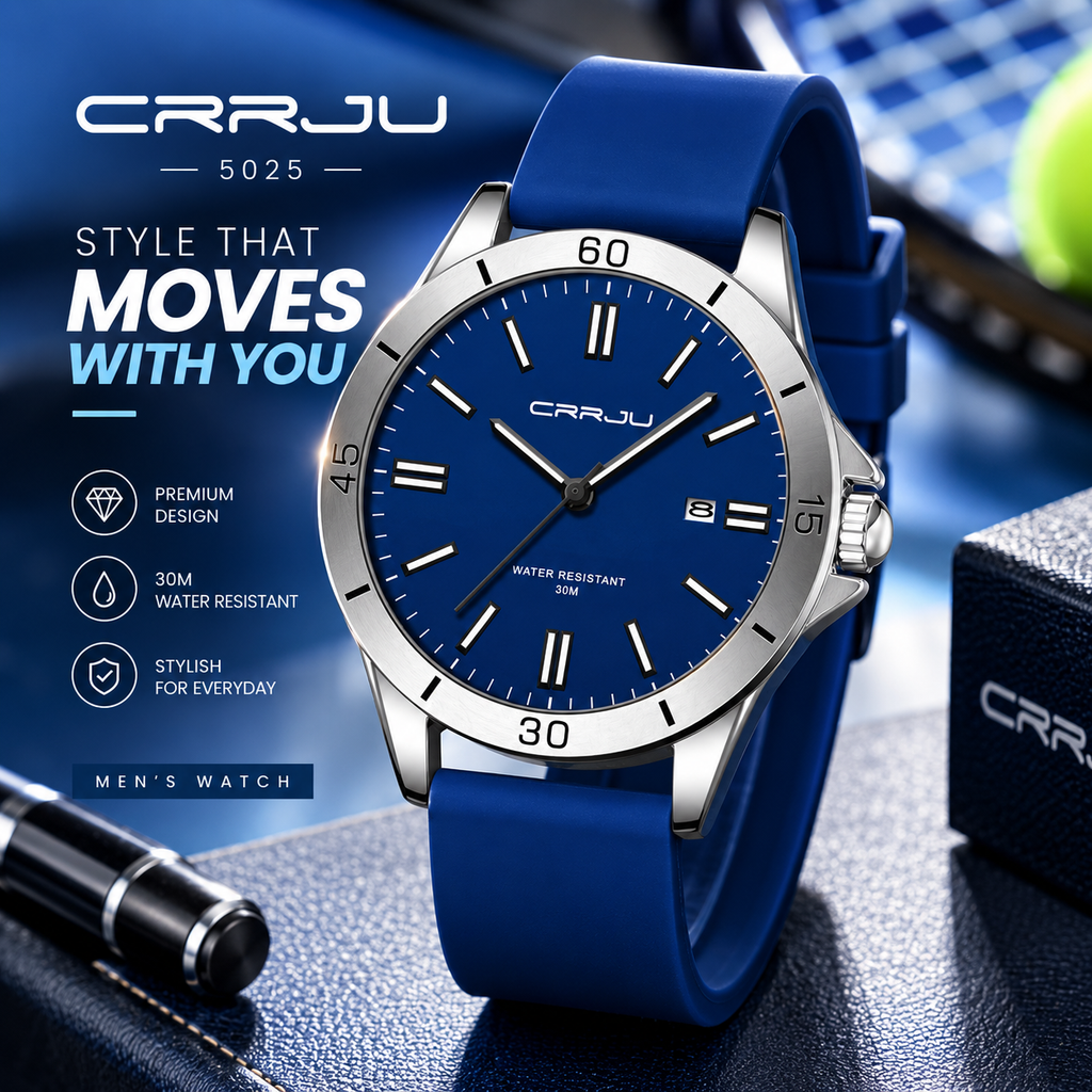 CRRJU 5025 Men's Stylish Premium Quartz Watch – Minimalist Dial, Rotating Bezel Look, 3ATM Water Resistant, Soft Silicone Strap & Luminous Hands Sport Wristwatch