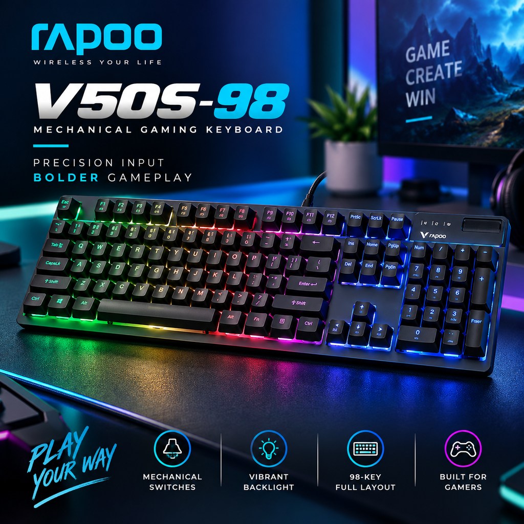 Rapoo V50S-98 Backlit Mechanical Gaming Keyboard (Black) – Compact 98-Key Layout, Tactile Mechanical Switches, Multi-Color Backlighting, Anti-Ghosting & 2-Year Warranty